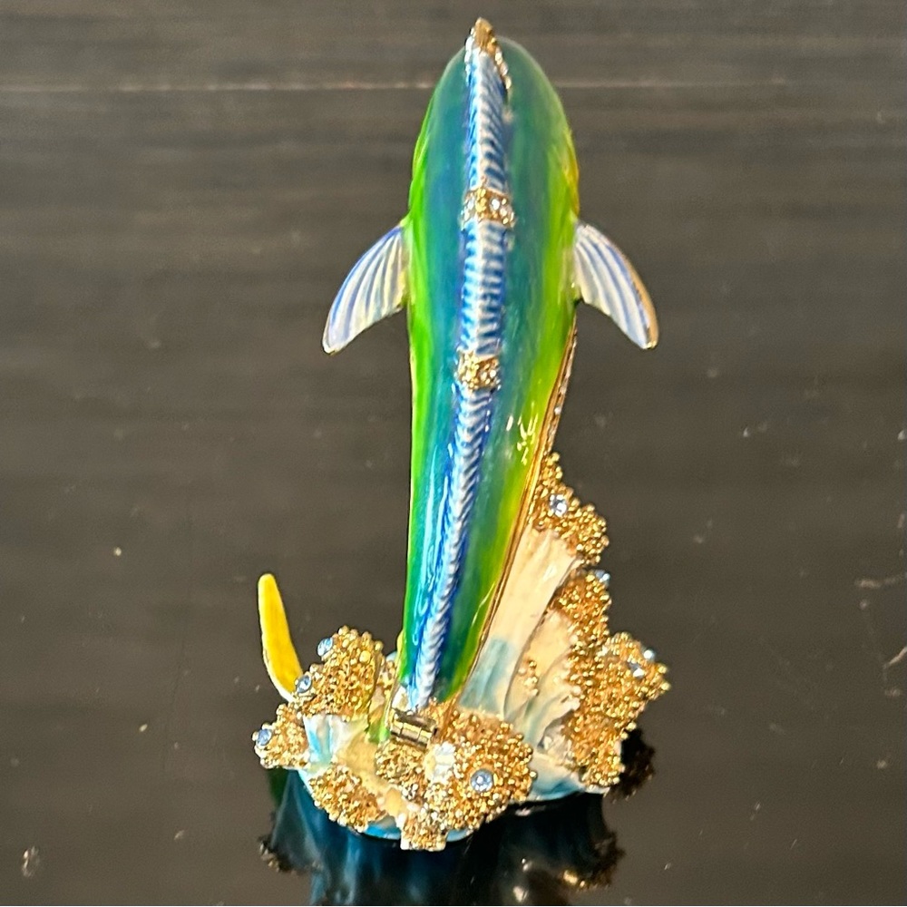 Jeweled Enamel Mahi Mahi Fish Hinged Trinket Box Figurine Blue & Green - Picture 4 of 6